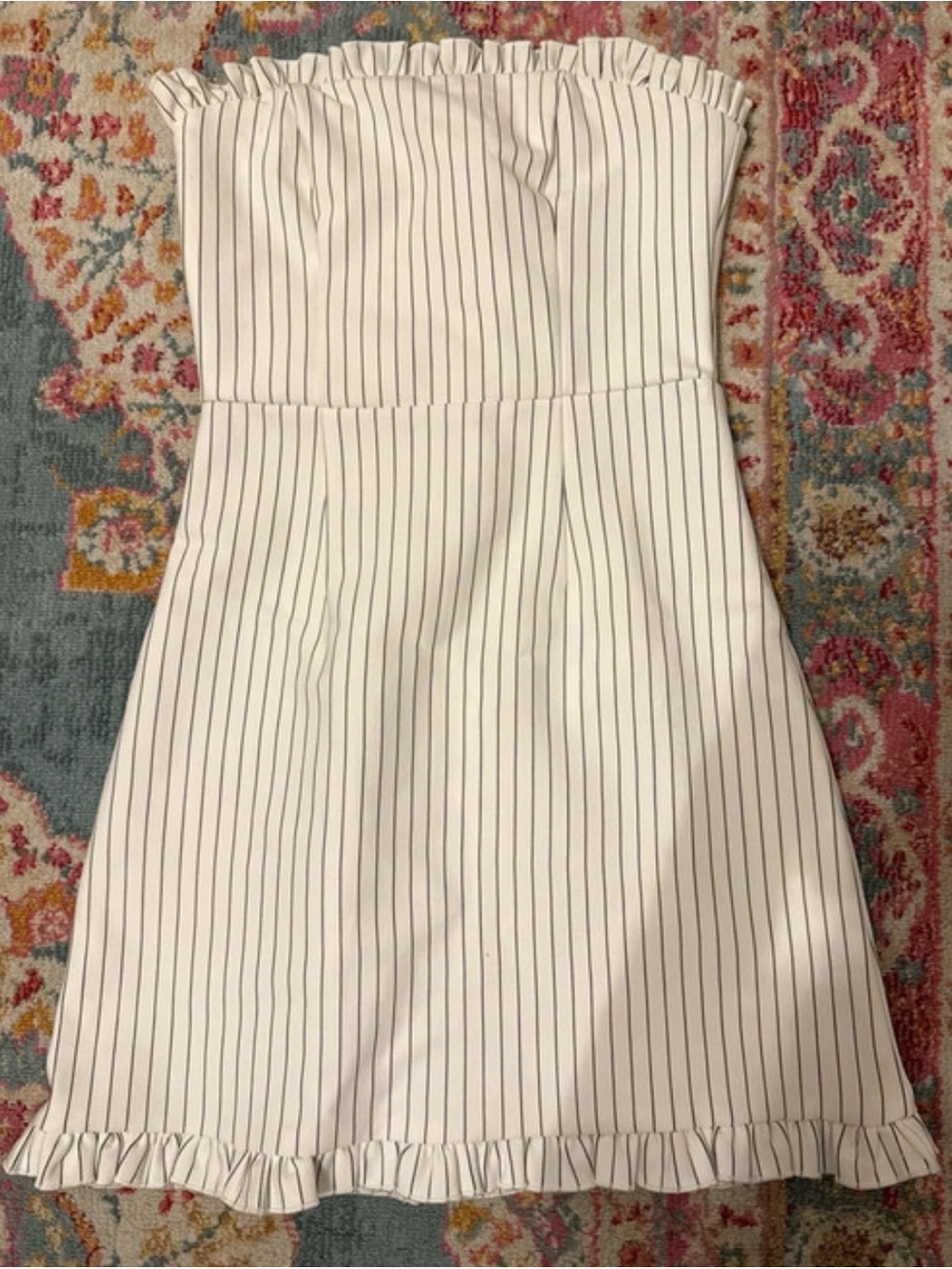 Lulu’s Strapless White Pinstripe Ruffle Hem Dress